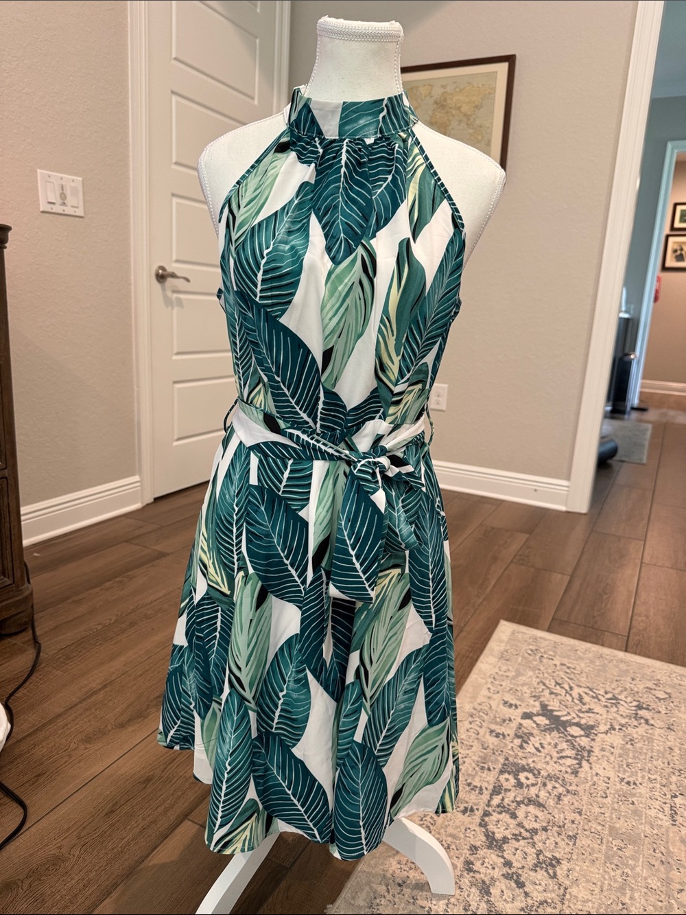Tropical Halter Mini Dress in Green Leaf Print